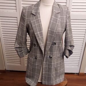 Gray Plaid Double-Breasted Blazer